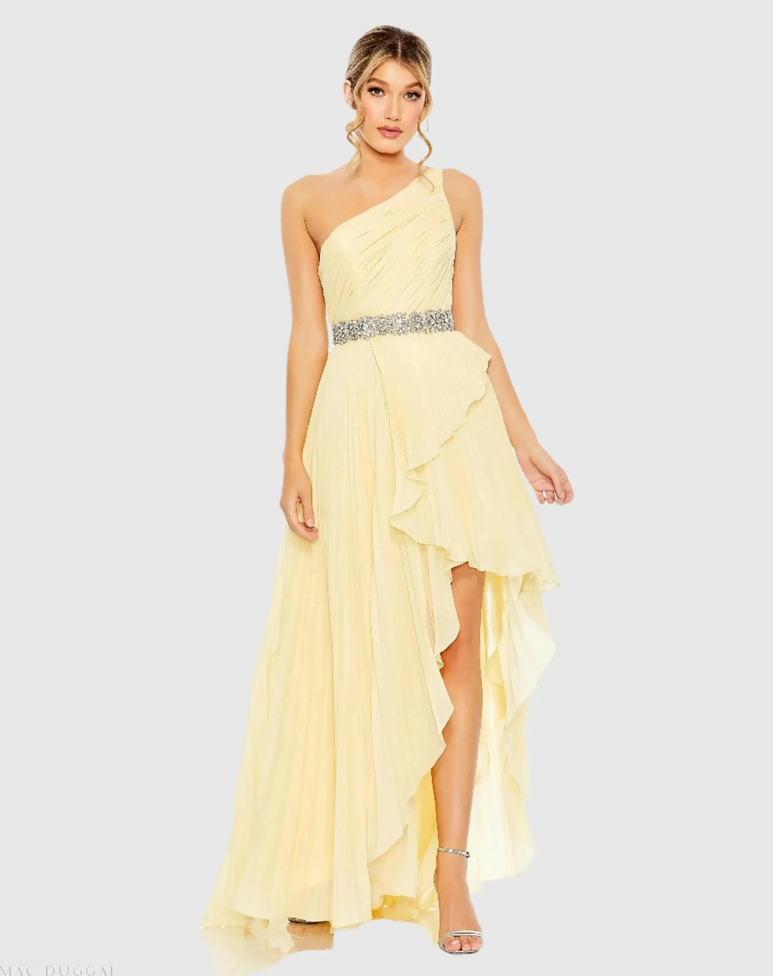 Pleated One Shoulder Asymmetrical Ruffle Hem Gown