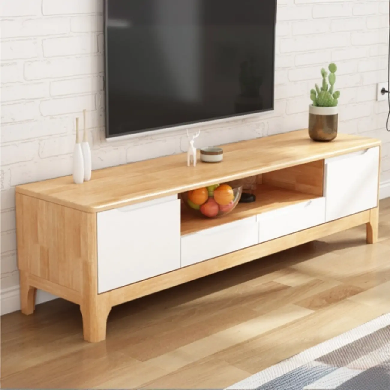 Durable Natural Wooden TV Stand with Cable Management