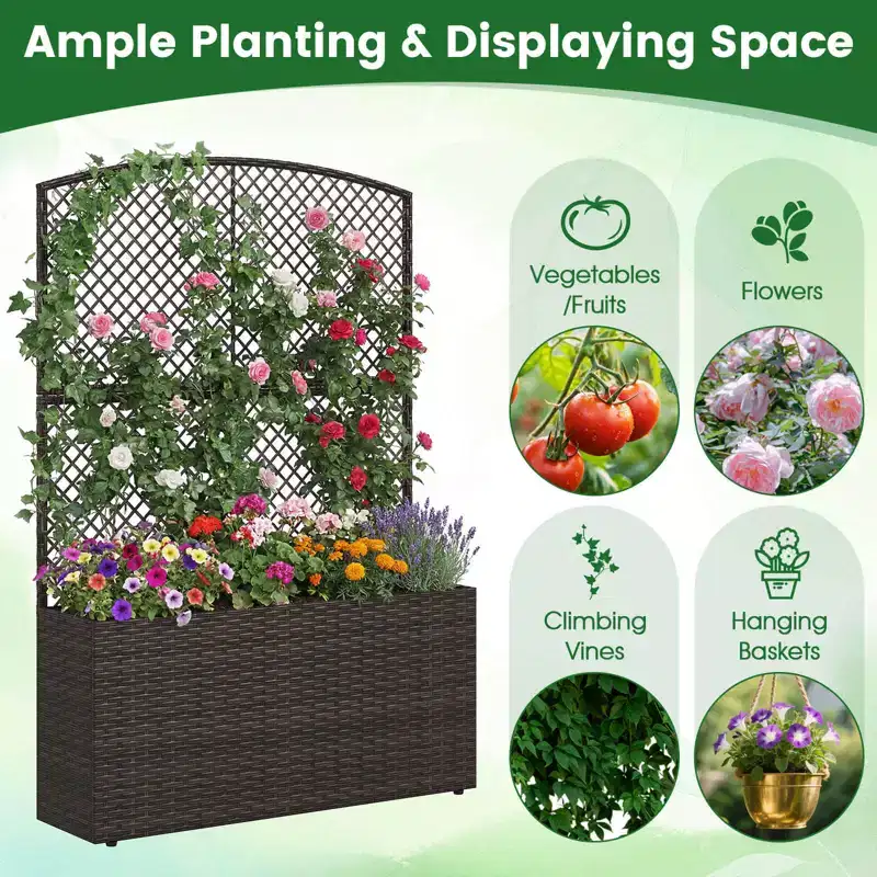 Costway 1/2 PCS 58 Raised Garden Bed with Trellis, Wicker Planter Box with Privacy Screen Brown/Black