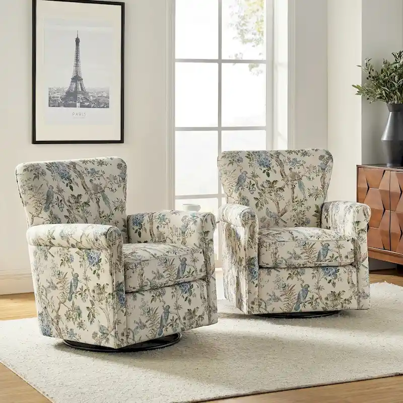 Floral Fabric Swivel Rocker Chair with Rolled Armrest, Set of 2 – Multiple Colors