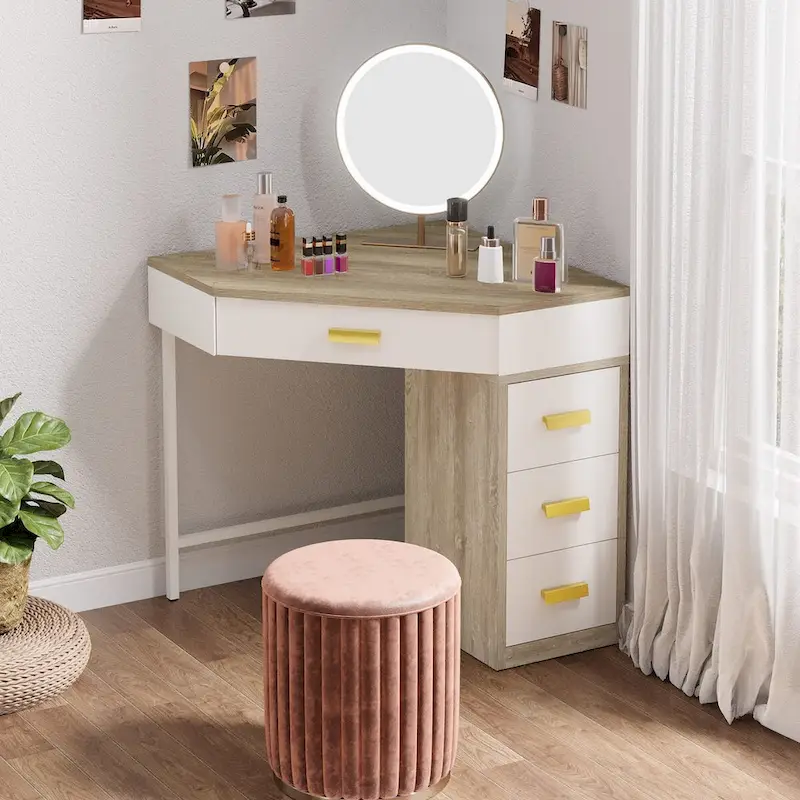 Wood/ Metal Corner Vanity Desk Small Dressing Table with 4 Drawers - N/A