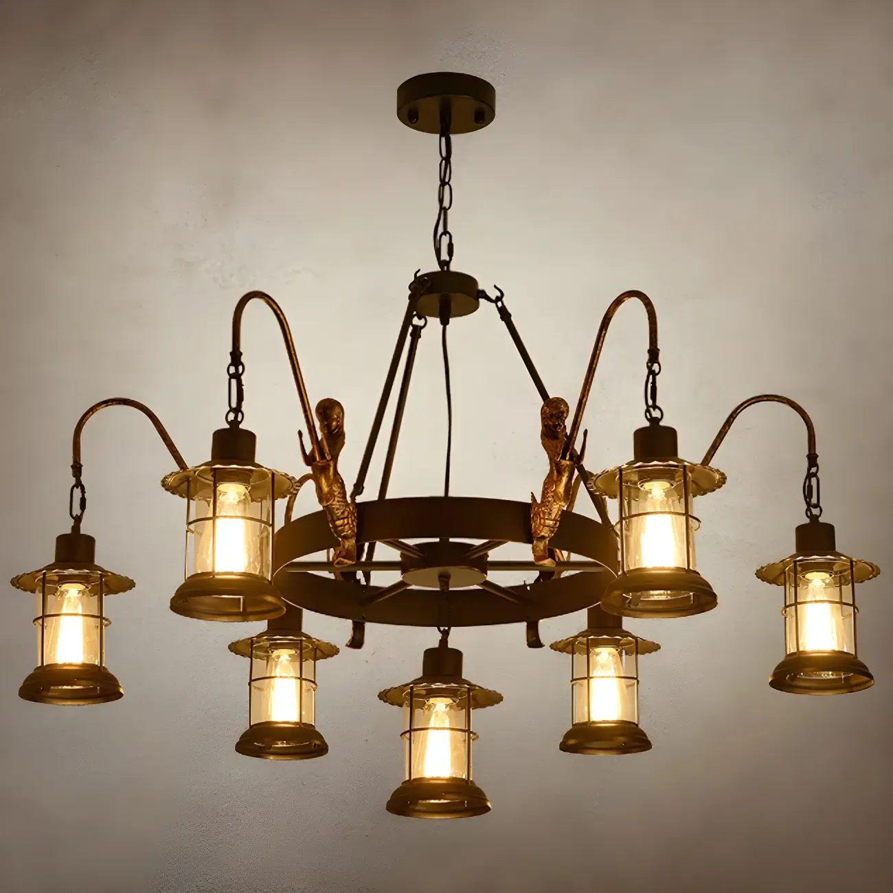 Industrial Black Metal Lantern Wheel Chandelier