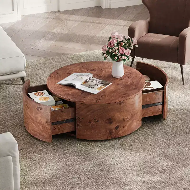 Round Rotating Coffee Table Rustic Center Table Vintage Modern Accent Table with 360 Swivel Top & 2 Drawers, Walnut - ModernLuxe