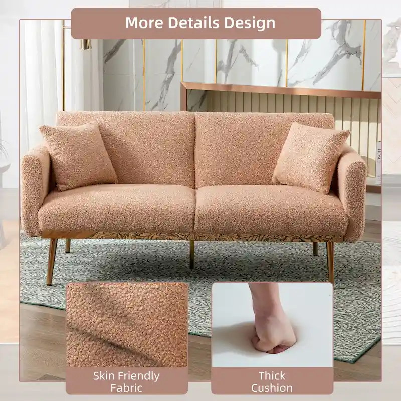 Teddy Fabric Upholstered Tufted Loveseats Sleeper Sofa With Rose Golden Legs