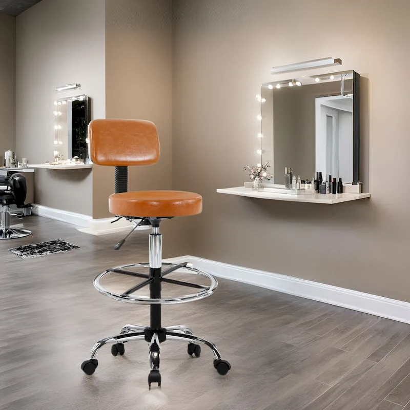 Adjustable Rolling Work Stool with Faux Leather Seat and Foldable Footrest, Versatile Stool for Home Office, Vanity,