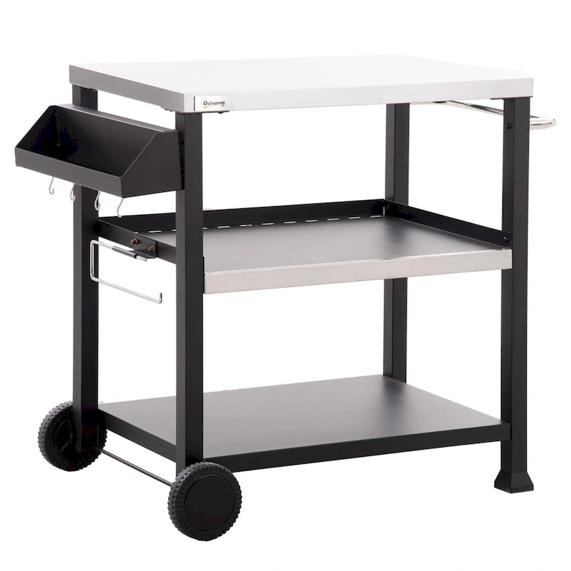Three-Shelf Outdoor Grill Cart with Stainless Steel Tabletop on Wheels