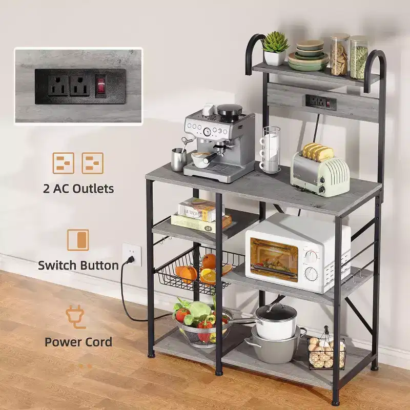 Celebalcony Kitchen Bakers Rack with Power Outlet, Multifunctional Organizer & Storage with 6 Hooks, Microwave Oven Stand, and Coffee Station