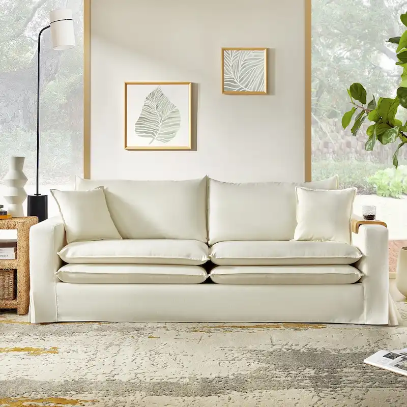 Modern Slipcovered Sofa with Cup Holder and Reversible Cushions