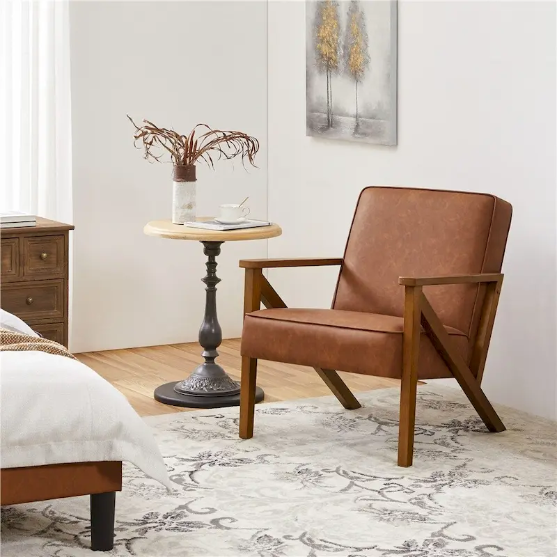 Mid-Century Modern Faux Leather Accent Chair with Solid Wood Legs
