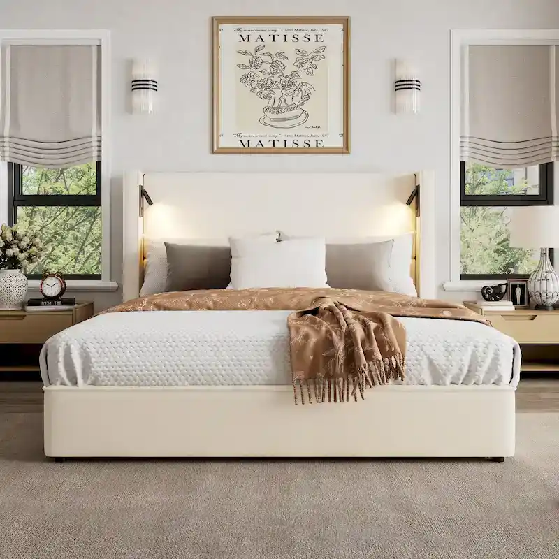 Christopher Knight Home- Cassie Upholstered Bed Frame with Reading Lamp & USB Port