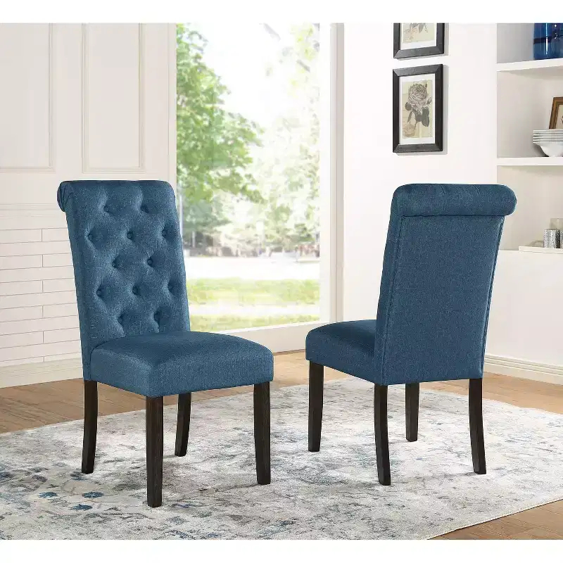 Roundhill Furniture Leviton Solid Wood Tufted Asons Dining Chair, Blue, Set of 2