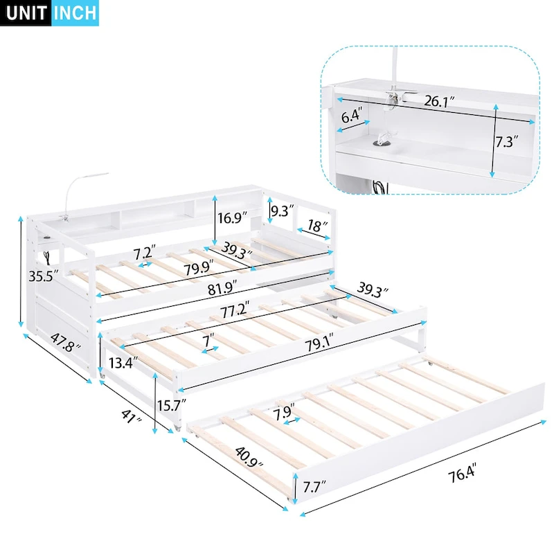 Twin XL Wood Daybed with 2 Trundles and USB Charging Design