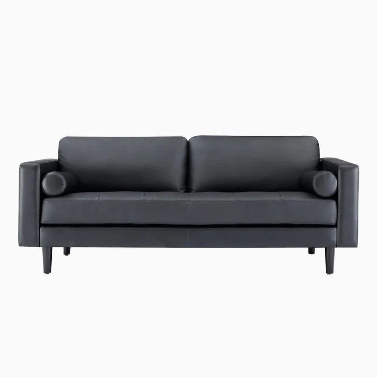 Modern Genuine Leather Sofa with Wooden Legs & Additional Bolster Pillow