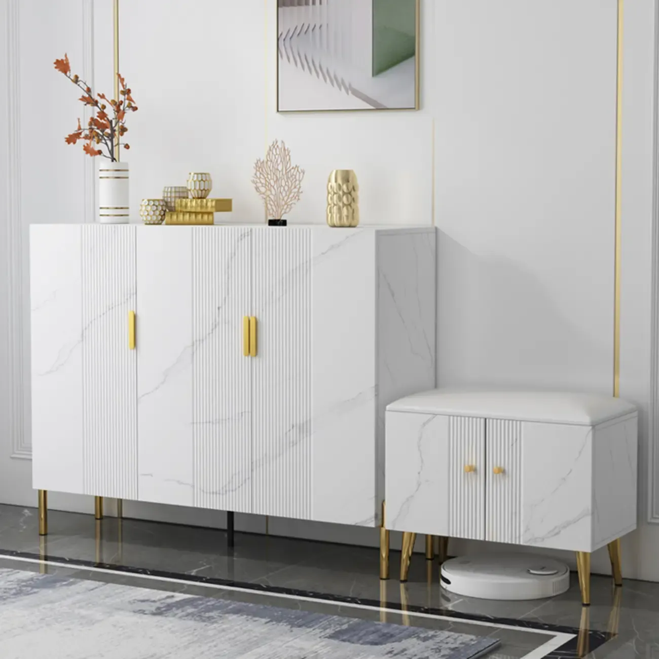Hallway Wood White Shoe Storage Cabinet with Gold Legs