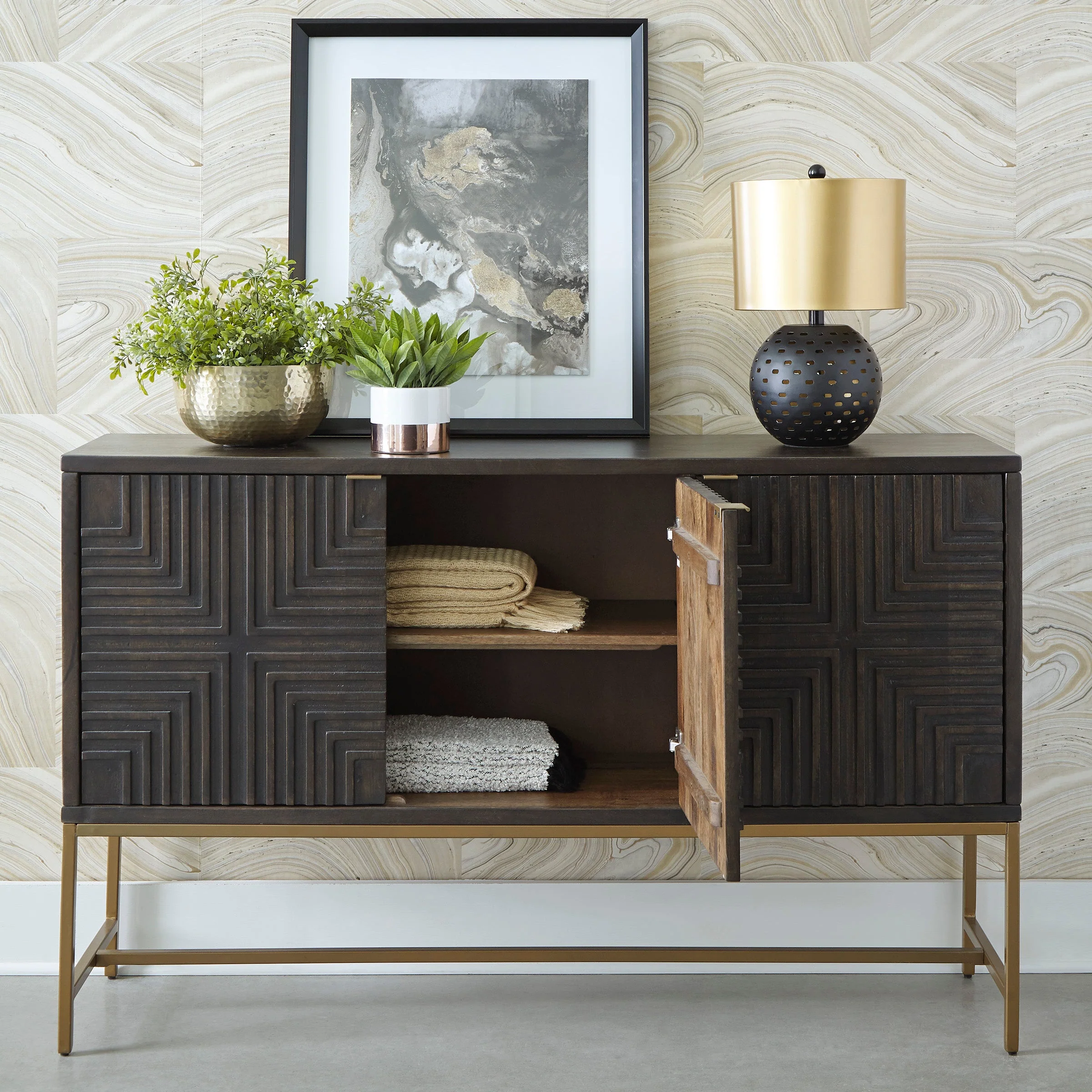 Geometric 3-Door Accent Cabinet with Gold Legs