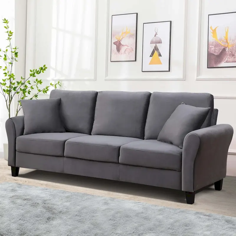 3-Seater Velvet Sofa with 2 Pillows, Black/White/Grey, Wood Frame, 3-Person