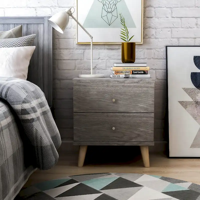 Mid-Century Modern Nightstand - Distressed Grey - 2 Drawers