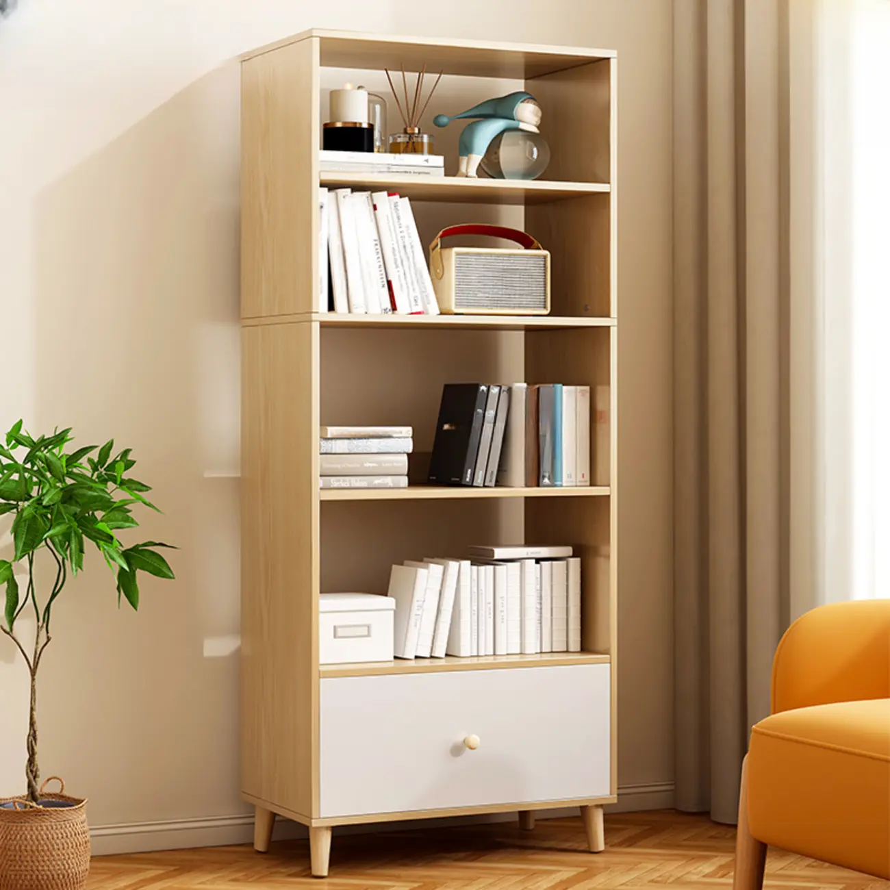 Tall Gray 4-Tier Open Back Wood Bookshelf with Drawer