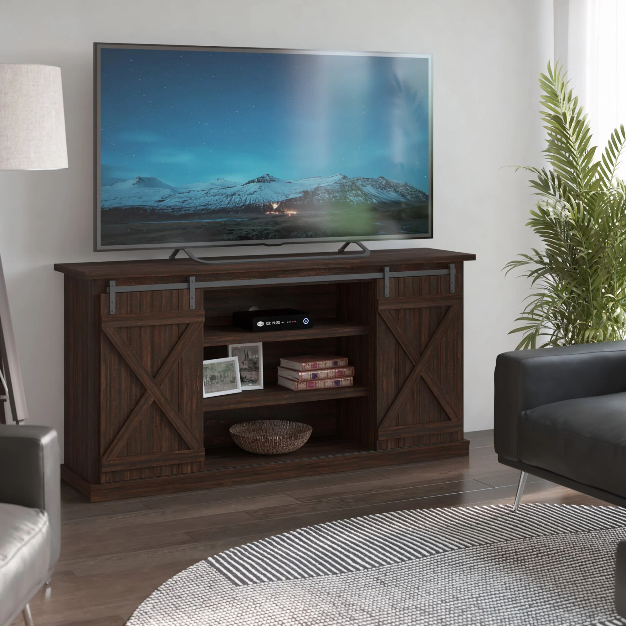 Modern Farmhouse TV Stand with Sliding Barn Doors for TVs up to 70