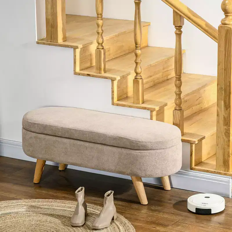 HOMCOM Upholstered Storage Ottoman Bench, 43.3 End of Bed Bench with Wood Legs, Oval Modern Entryway Bench, Beige