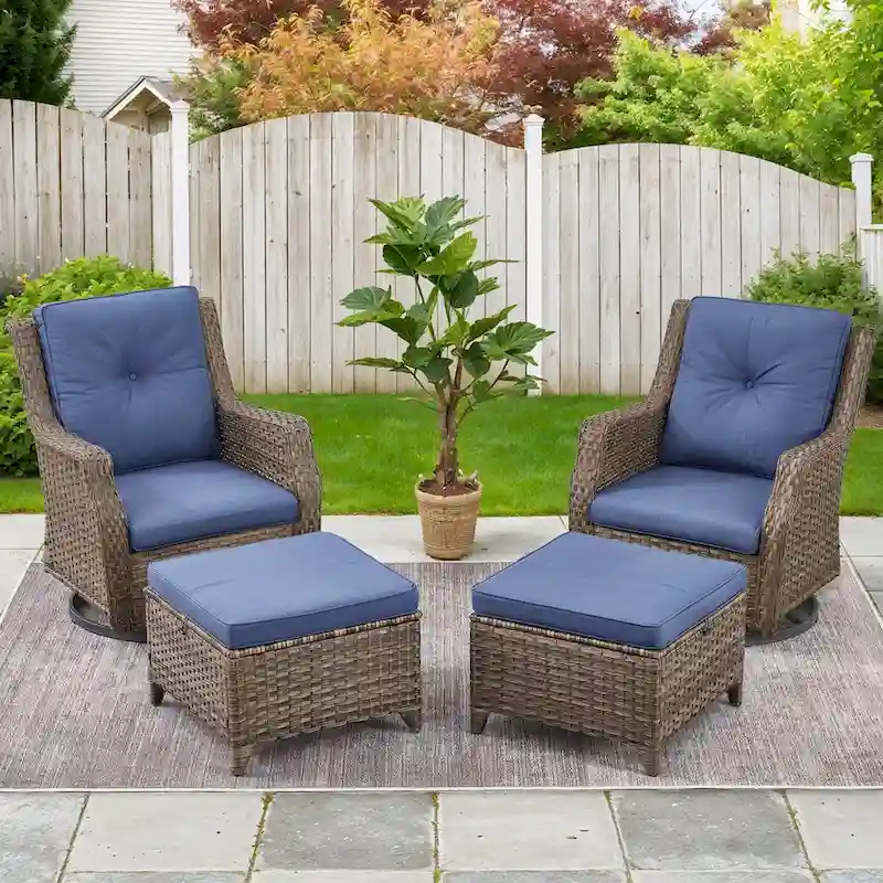 4 Piece Patio Chairs with Ottoman, Swivel Rocking Chairs - Grey
