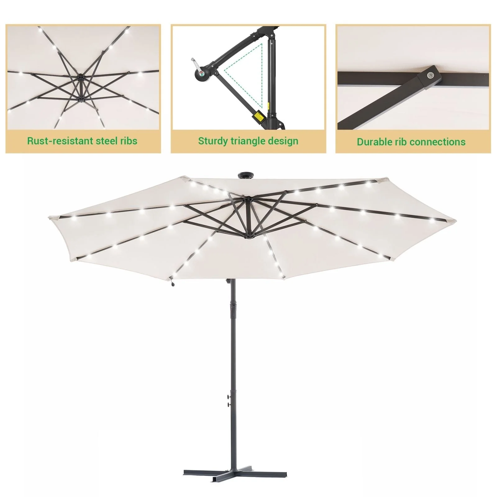 LIVOOSUN 10ft LED Patio Offset Umbrella With Cross Base