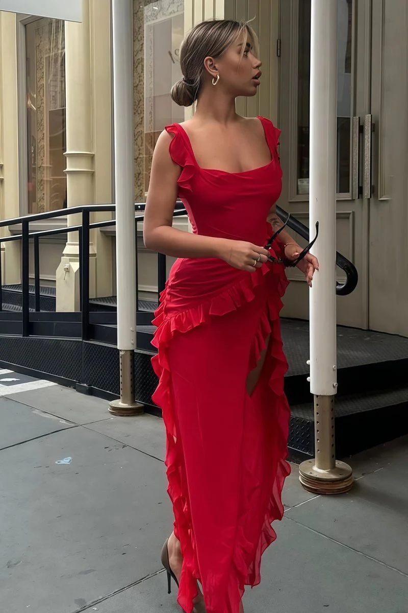 Red Square Neck Sheath Satin Ruffled Prom Dresses With Slit