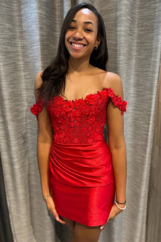 Off the Shoulder Black Ruched Homecoming Dress with 3D Flowers