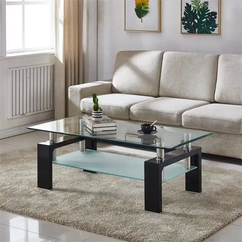 Rectangle Coffee Table Glass Tabletop with Lower Shelf