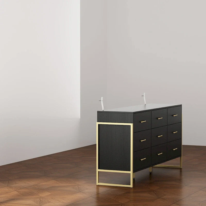 Elegant 9-Drawer Dresser with Gold Accents - Black Stripe Finish Chest