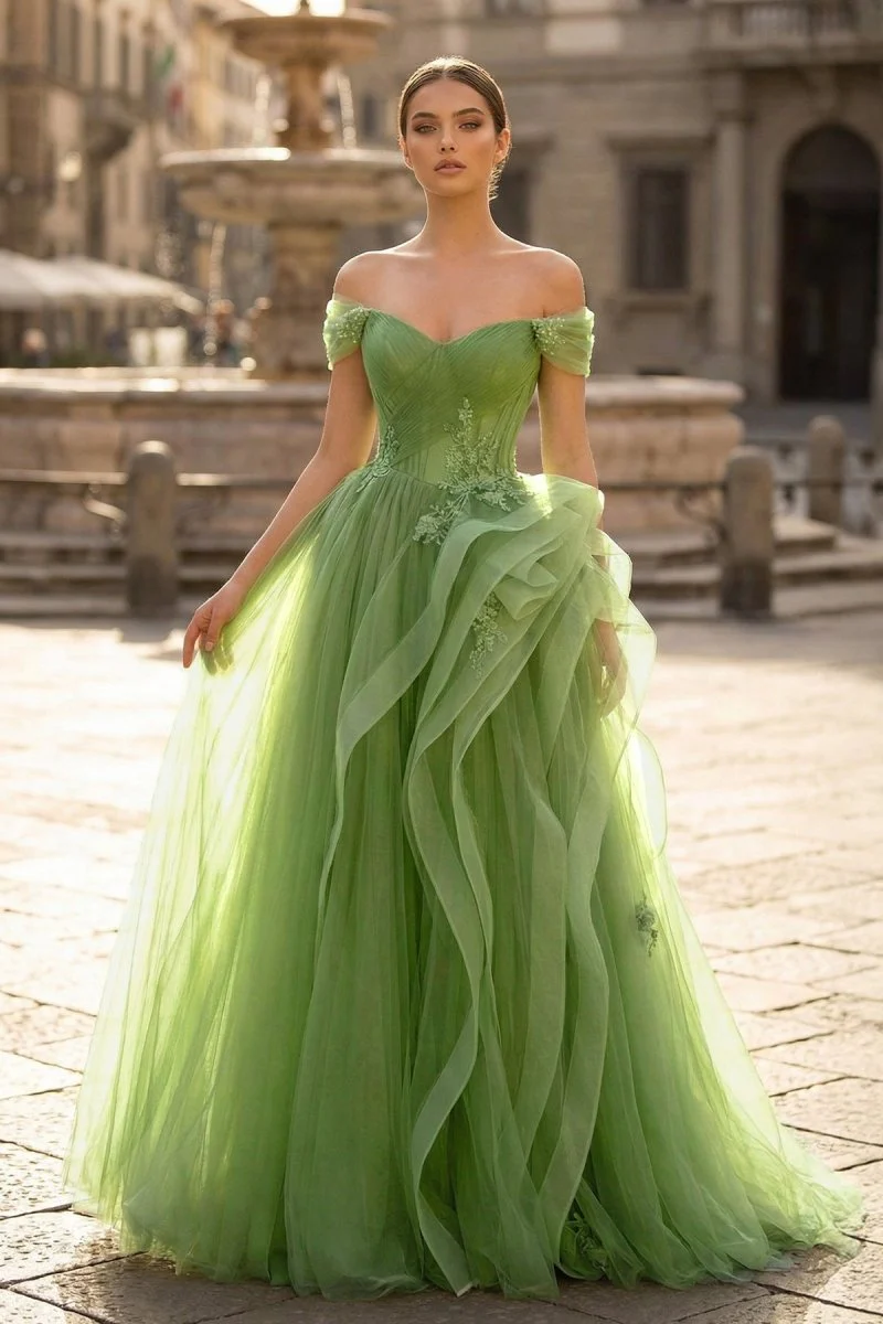 Green A-Line Off Shoulder Long Prom Dress Lace Long Evening Dress