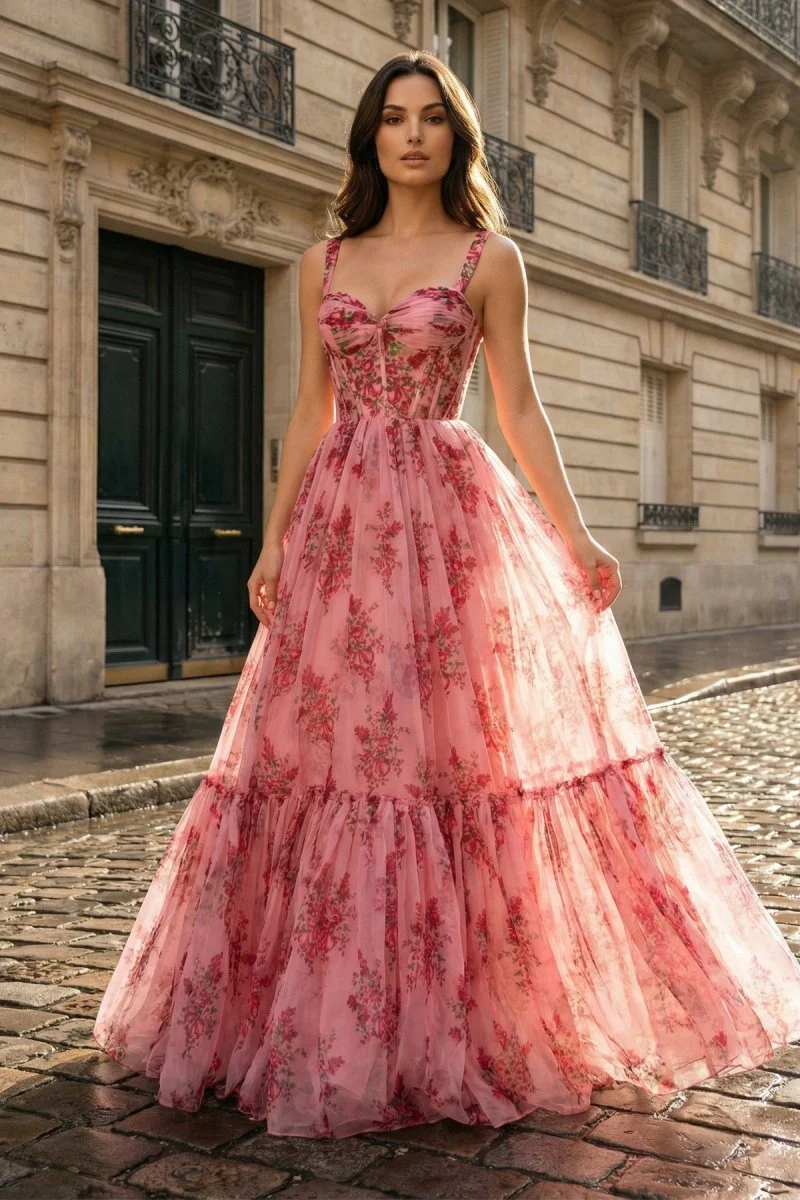 Pink Sweetheart A Line Floral Printed Chiffon Long Prom Dress With Bow