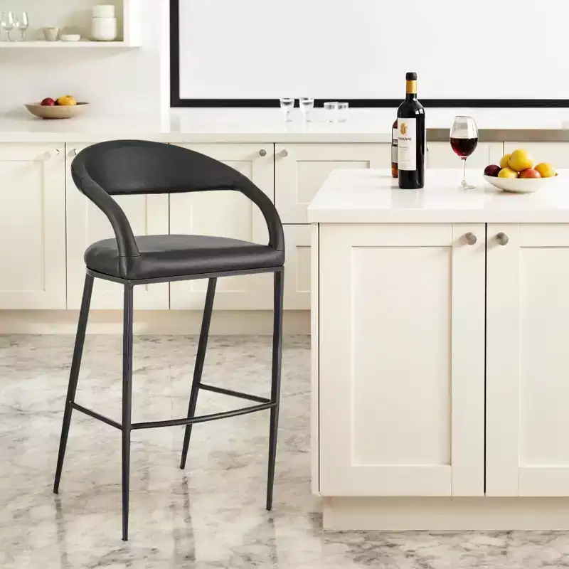 HomeRoots 30 Black Faux Leather and Iron Low Back Bar Height Bar Chair