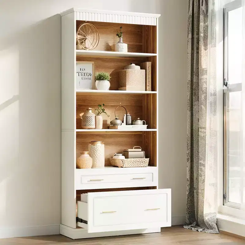 MAYEERTY White Bookcase with 2 Drawers & Open Shelves, Freestanding Storage Shelf for Living Room, Bedroom & Study