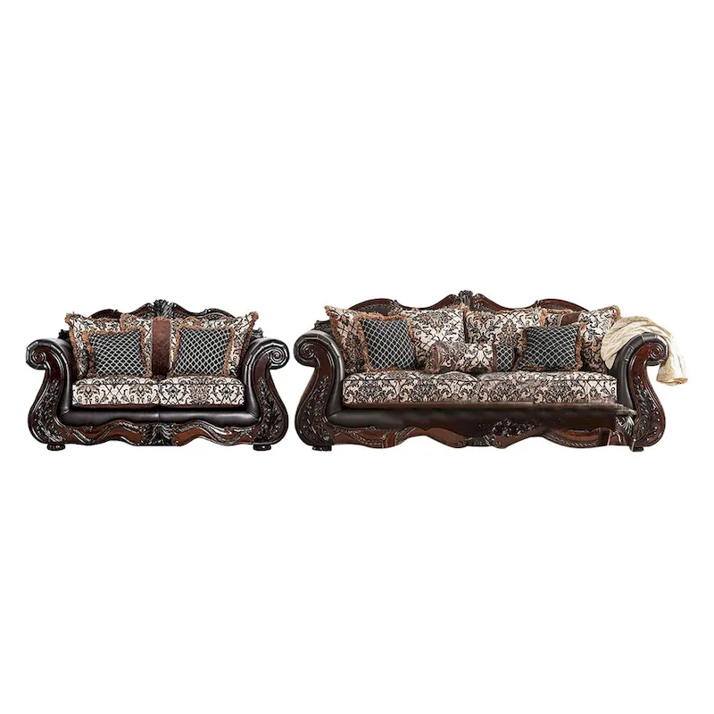 2pc Sofa Loveseat Set, Dark Brown Faux Leather, 5 Accent Pillows