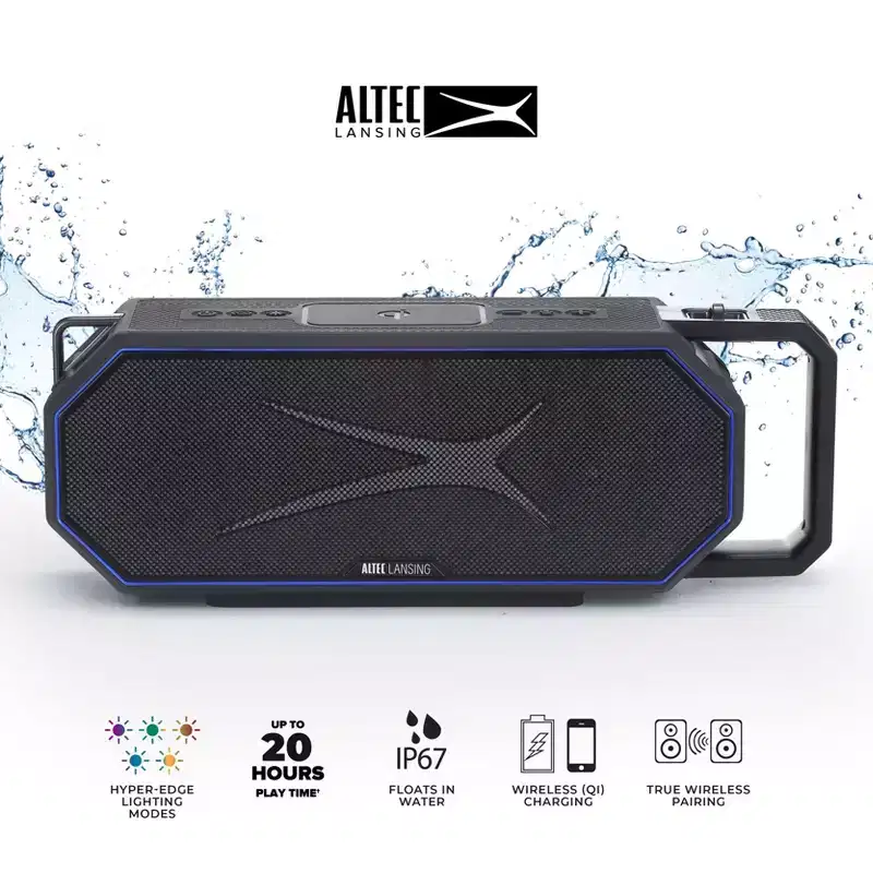 Altec Lansing HydraShock 2.0 Waterproof Bluetooth Speaker Floats in Water with RGB Led Lights, Qi Charging and Voice Assistant