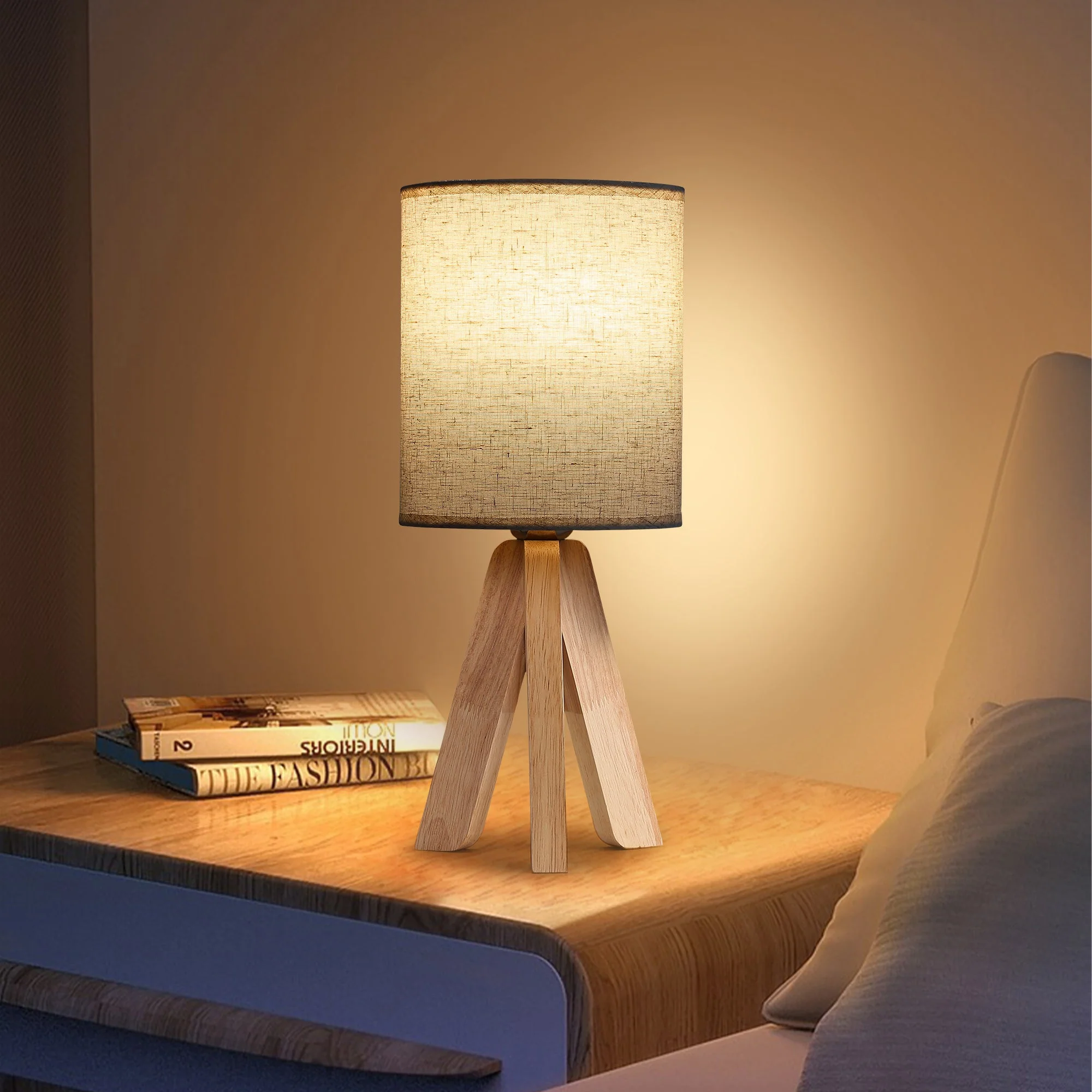 Modern Wooden Base Nightstand Table Lamp Set of 2