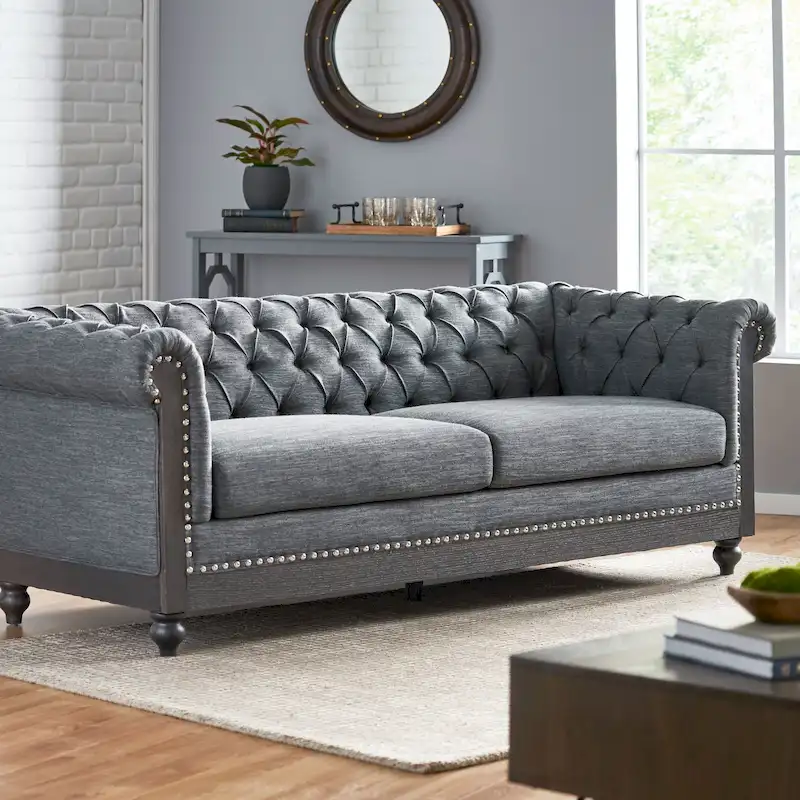 Multi-Color Fabric/Faux Leather Chesterfield Sofa with Nailhead Trim, 3-Person