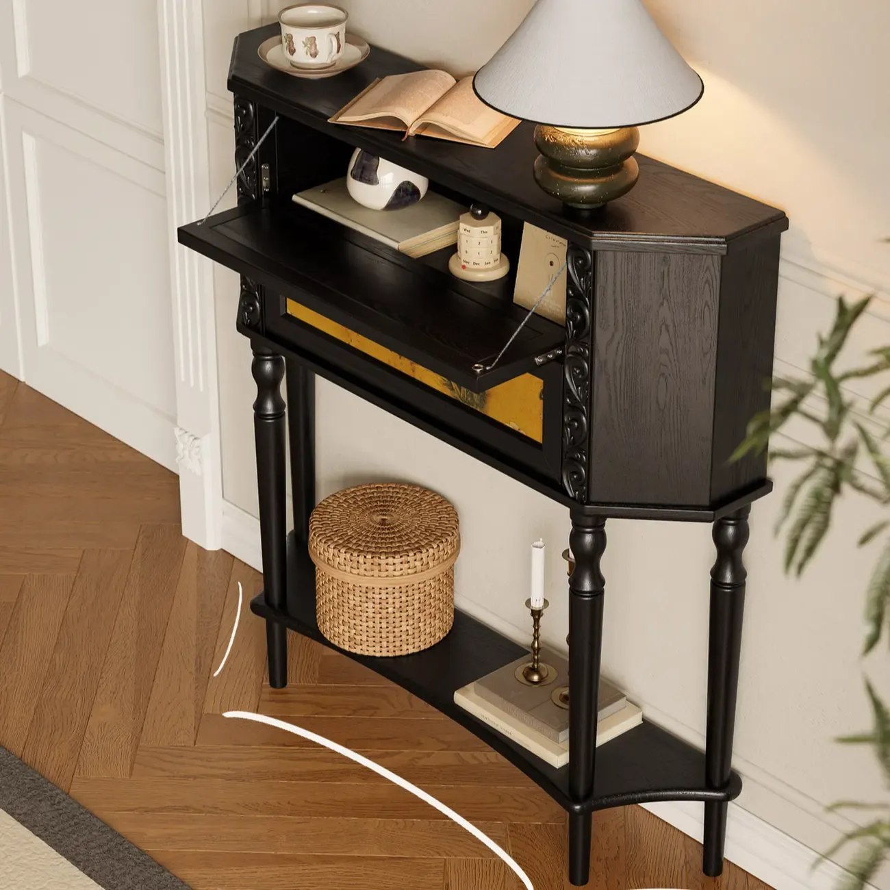 Black Wood 2-Drawer Console Table with Floor Shelf