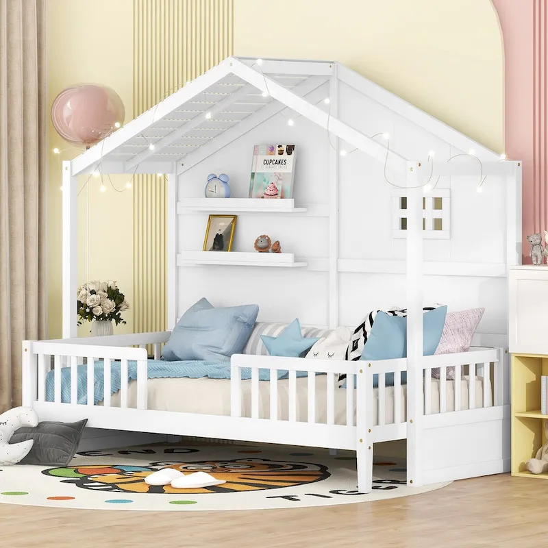 White Twin House Bed with Shelves, Window & LED Strip – 1 Person
