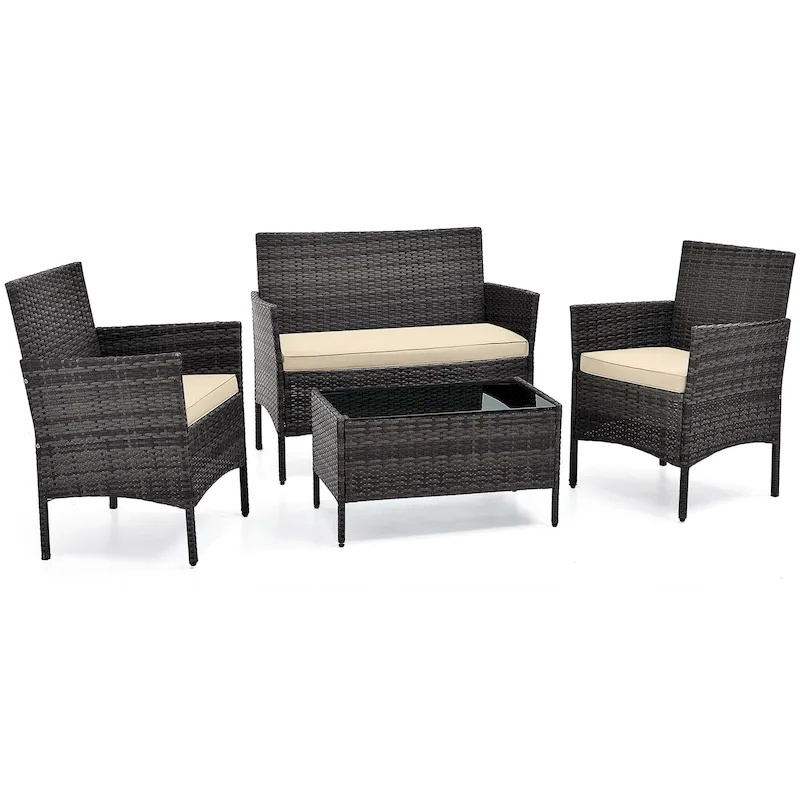 4 PCS Outdoor Rattan Conversation Set Patio Wicker Furniture Set