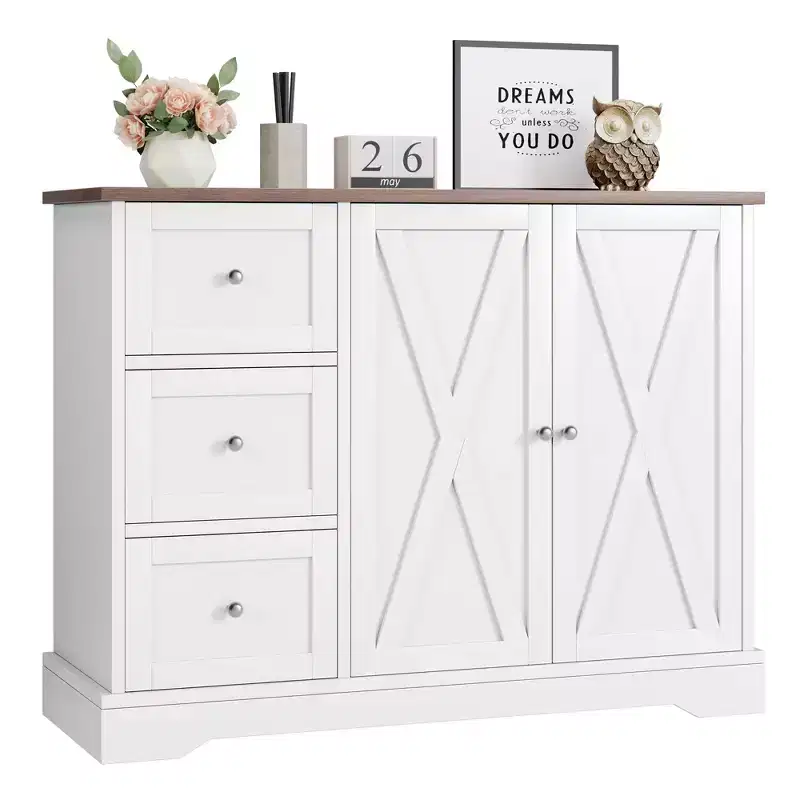 42 Farmhouse Buffet Cabinet with Storage, Coffee Bar Cabinet with 3 Drawers, Sideboard for Kitchen Dining Living Room, White