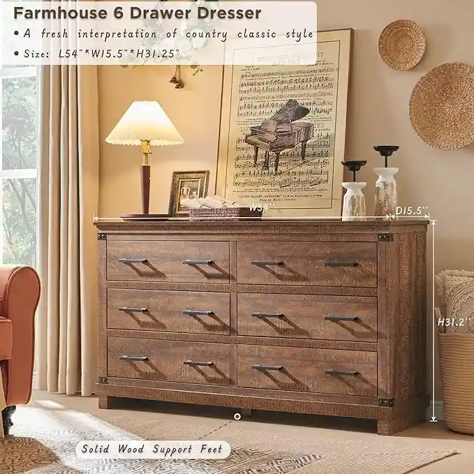 Farmhouse 6 Drawers Dresser, Wood Chest of Drawers, Closet Dresser