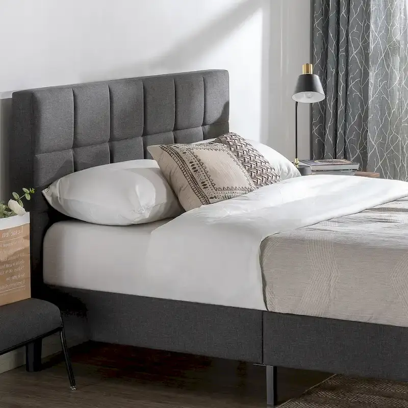 Grey Upholstered Square Stitched Platform Bed Frame