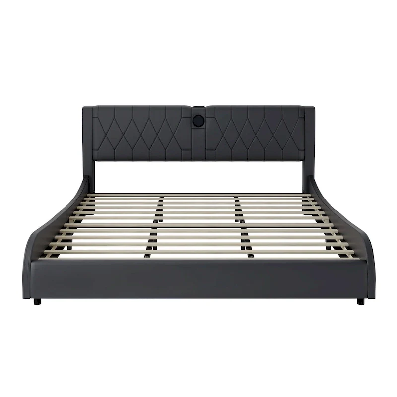 King LED Bed Frame with Bluetooth Speakers & Leather Upholstery