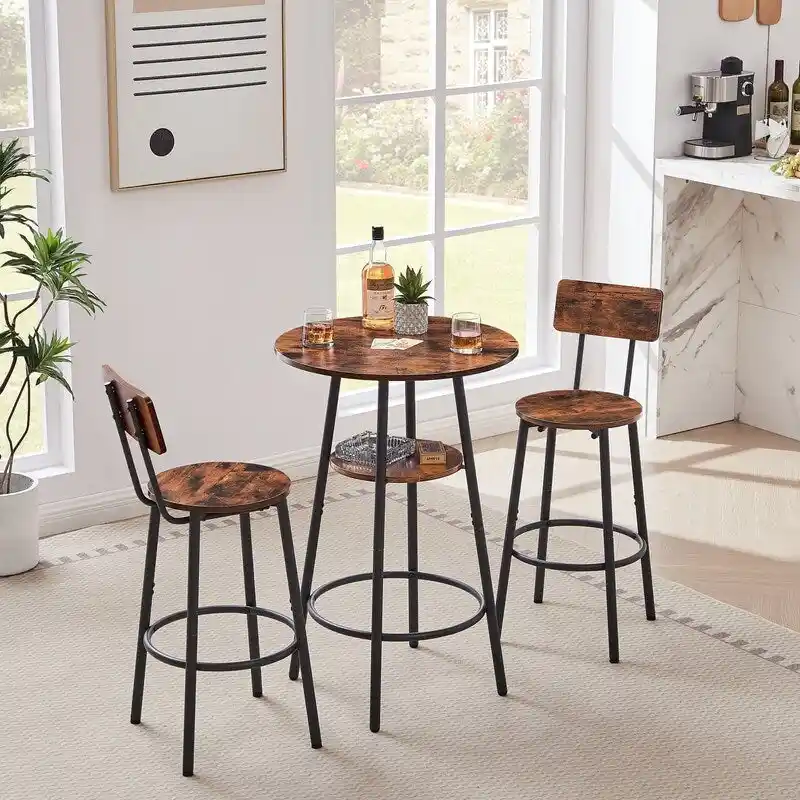 3-Piece Industrial Bar Table Set with 2 Stools, Small Round Counter Height Bistro Pub Dining Table Set for Kitchen, Small Space