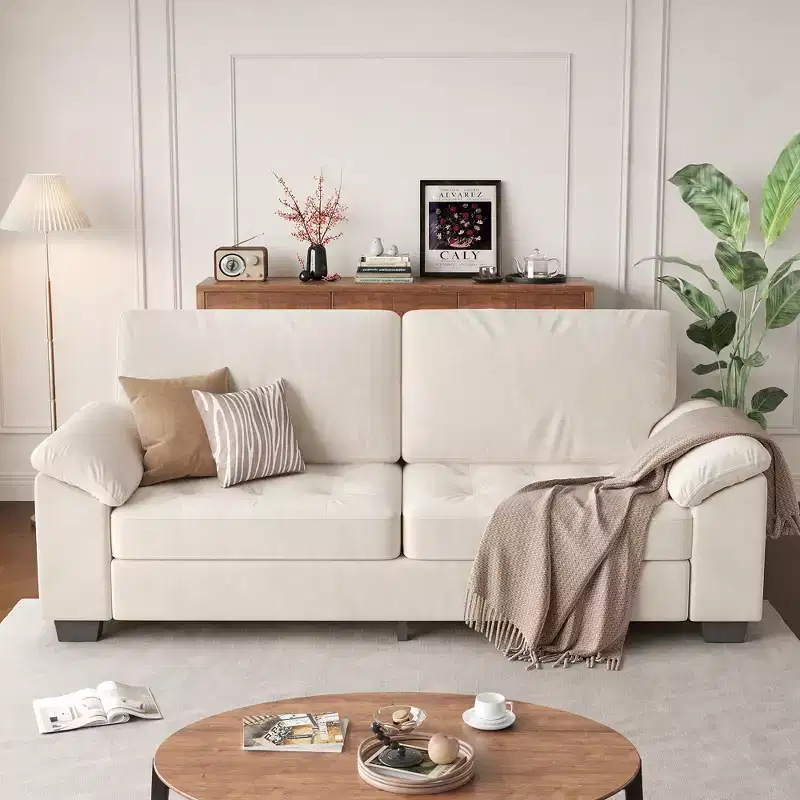 Modern Sofa 2-Seater Couches, Removable Medium Firm Sofa Cushion, Pull-Out Velvet Convertible Sofa, Side Pocket, for Living Room, Beige