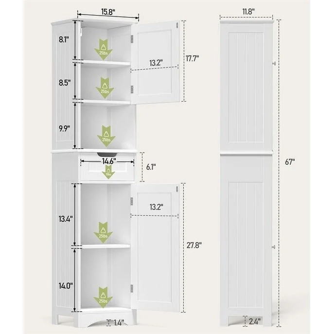 67 Tall 5-Tier Narrow Solid Wood Bathroom Linen Cabinet
