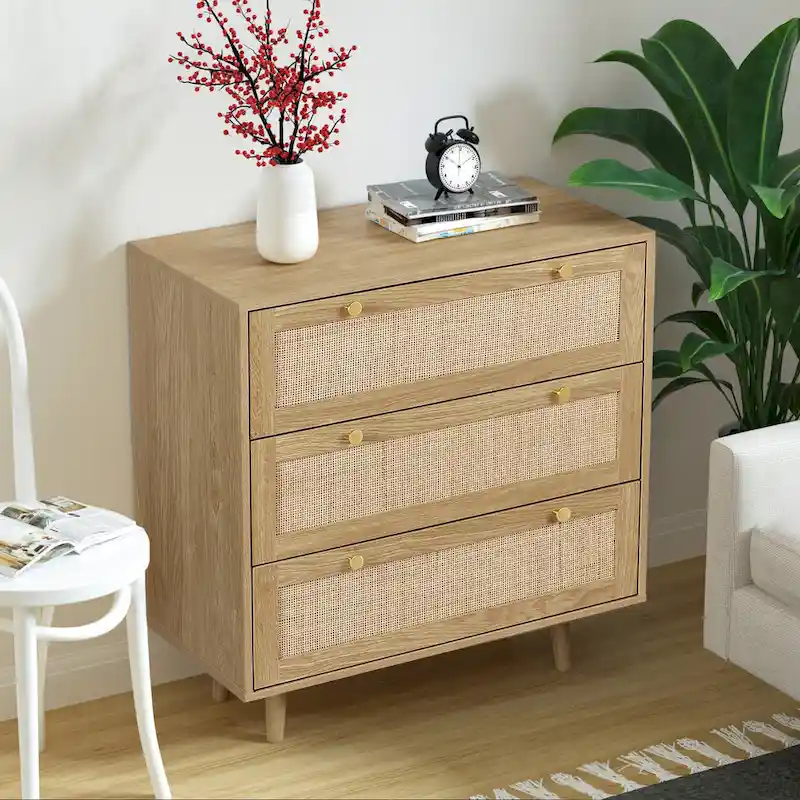 3-Drawer Rattan Dresser Modern Boho Chest of Drawers with Spacious Storage for Bedroom