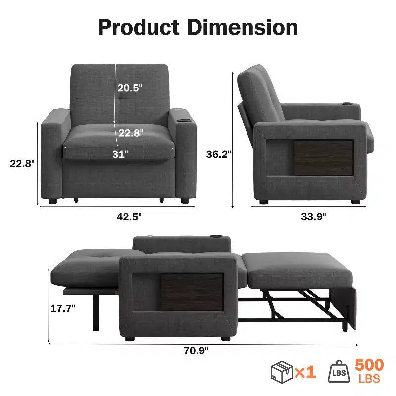 Dyonery Sleeper Sofa Chair Bed Convertible Sofa Chair 3-in-1 Pull Out Sofa Bed White